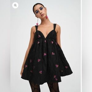 For Love & Lemons Black Mini Dress with Pink Embroidery